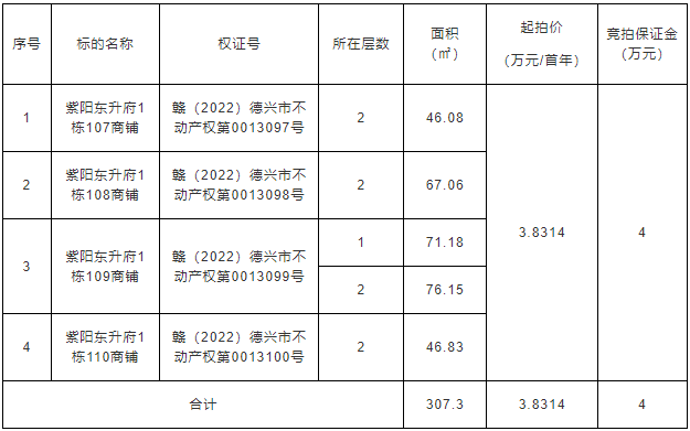 德興市紫陽(yáng)東升府1棟107、108、109、110的二層及109的一層共5間商鋪整體招租（5年） 拍賣(mài)公告